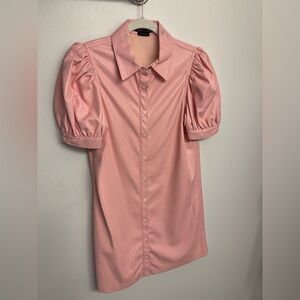 Pink Puff Sleeve Button-Up faux leather dress